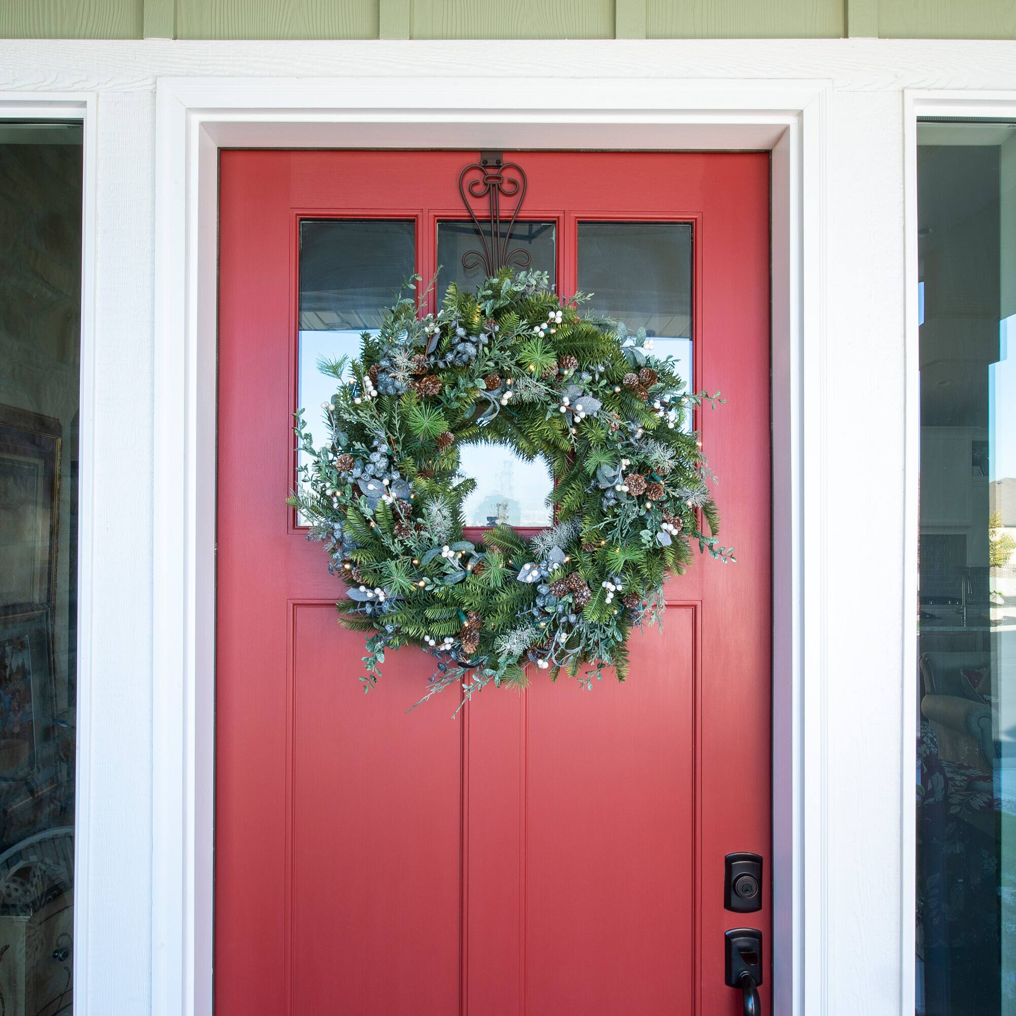 Village Lighting 30" Pre-Lit Rustic White Berry Christmas Wreath, Clear LED Lights
